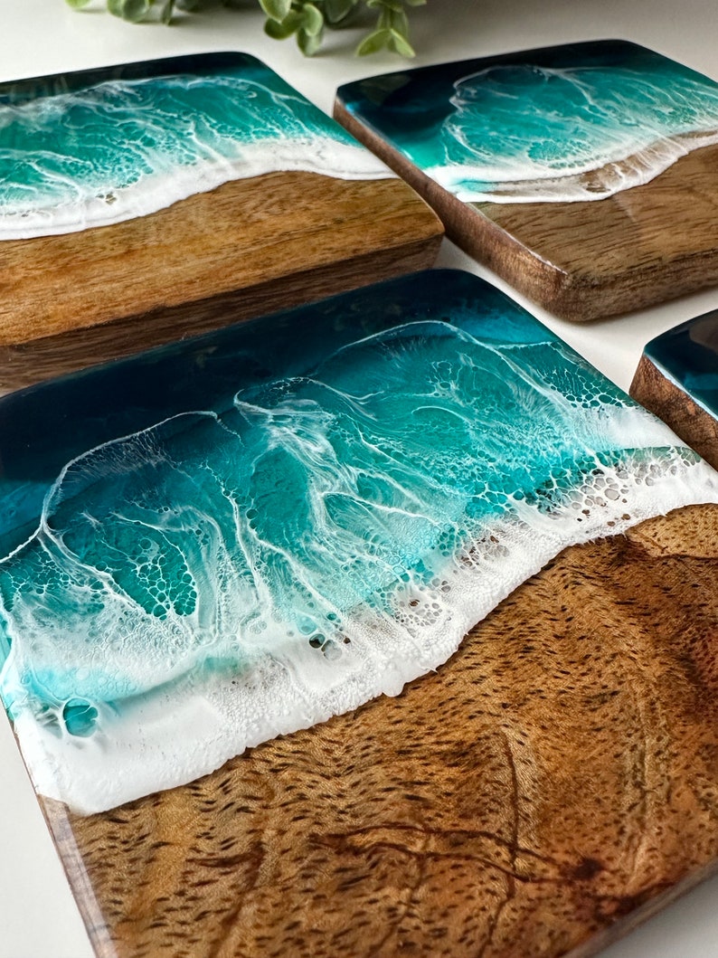 Elegant SET of Ocean-Inspired Coasters Handcrafted Mango Wood & Epoxy Resin Gift for Beach Lovers Anniversary Gifts Wedding Gift image 6