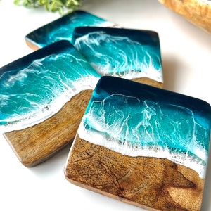 Elegant SET of Ocean-Inspired Coasters Handcrafted Mango Wood & Epoxy Resin Gift for Beach Lovers Anniversary Gifts Wedding Gift image 3