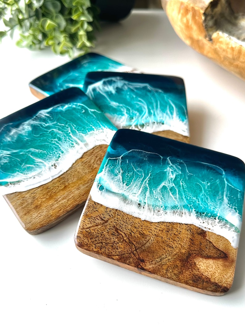 Elegant SET of Ocean-Inspired Coasters Handcrafted Mango Wood & Epoxy Resin Gift for Beach Lovers Anniversary Gifts Wedding Gift image 3