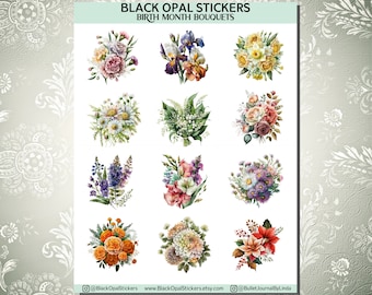 Birth Month Bouquet Stickers for Bullet Journals, Scrapbooking, Cards, Kids, Craft