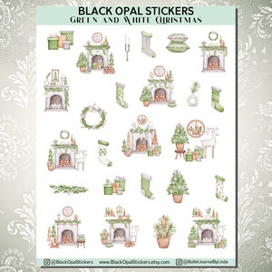 Green and White Christmas Stickers for Journals, Planners, Scrapbooking, Craft, Kids