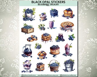 May include: A set of 20 watercolor stickers featuring blueberry themed desserts and fruit. The stickers are perfect for adding a touch of whimsy to planners, journals, and other craft projects. The stickers include a variety of designs, such as blueberry pie, cupcakes, cake, and fruit.