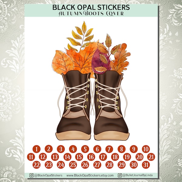 Autumn Boots Monthly Cover with Date Stickers  for Journals, Planners, Scrapbooking, Craft, Kids