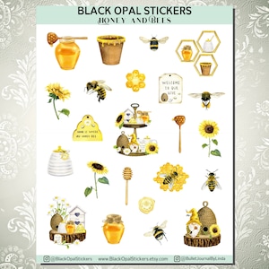May include: A set of 20 watercolour stickers featuring honey bees, honey pots, honeycomb, and flowers. The stickers are perfect for adding a touch of whimsy to your planner, journal, or scrapbook.