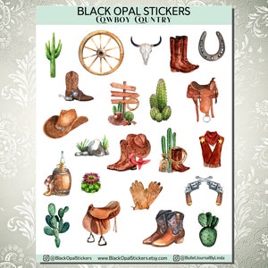 May include: A set of 20 watercolour stickers featuring cowboy and western themed illustrations. The stickers include a cactus, a horseshoe, a saddle, a cowboy hat, a wagon wheel, a pair of boots, a gun, and more.