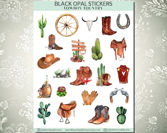 May include: A set of 20 watercolor stickers featuring cowboy and western themed illustrations. The stickers include a cactus, a horseshoe, a saddle, a cowboy hat, a wagon wheel, a pair of boots, a gun, and more.