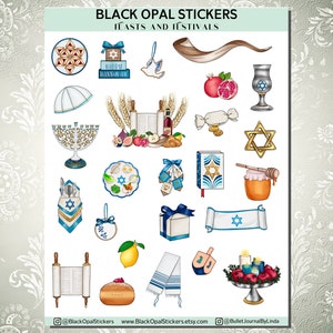 May include: A set of 20 colorful stickers featuring Jewish holiday symbols, including a menorah, a Star of David, a dreidel, a challah, a pomegranate, and a shofar. The stickers are perfect for adding a touch of Jewish tradition to your planner, journal, or laptop.