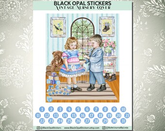 May include: A vintage nursery scene with two children, a girl in a blue and pink dress and a boy in a blue suit, playing with a birdcage. The scene is set in a room with a window, a dresser, and a teddy bear. The image includes a calendar with numbers 1 through 31.