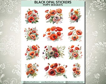 Poppy Bouquet Stickers for Bullet Journals, Scrapbooking, Cards, Kids, Craft