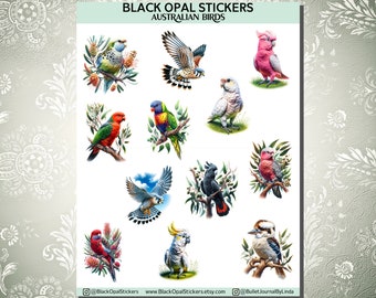 May include: A sheet of stickers featuring colorful Australian birds, including a kookaburra, lorikeet, cockatoo, and kingfisher. The stickers are printed on high-quality vinyl and are perfect for adding a touch of Australian wildlife to your journals, laptops, water bottles, and more.