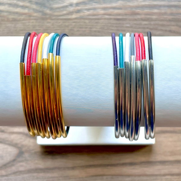 Colored Leather Cord Single Strand Silver or Gold Bangle Bracelet - Perfect for multi bracelet stacking