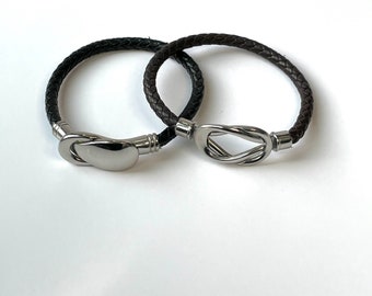 Overlapping Magnetic Paddle Clasp Braided Leather Bracelet