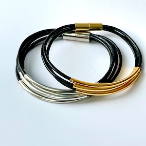 Multi-strand Black Thin Leather Bangle Bracelet with Gold or Silver Curved Tubes