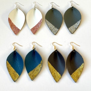 Glitter Dipped Leather Leaf Earrings
