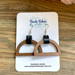 Genuine Leather Wrapped Walnut Wood Earrings