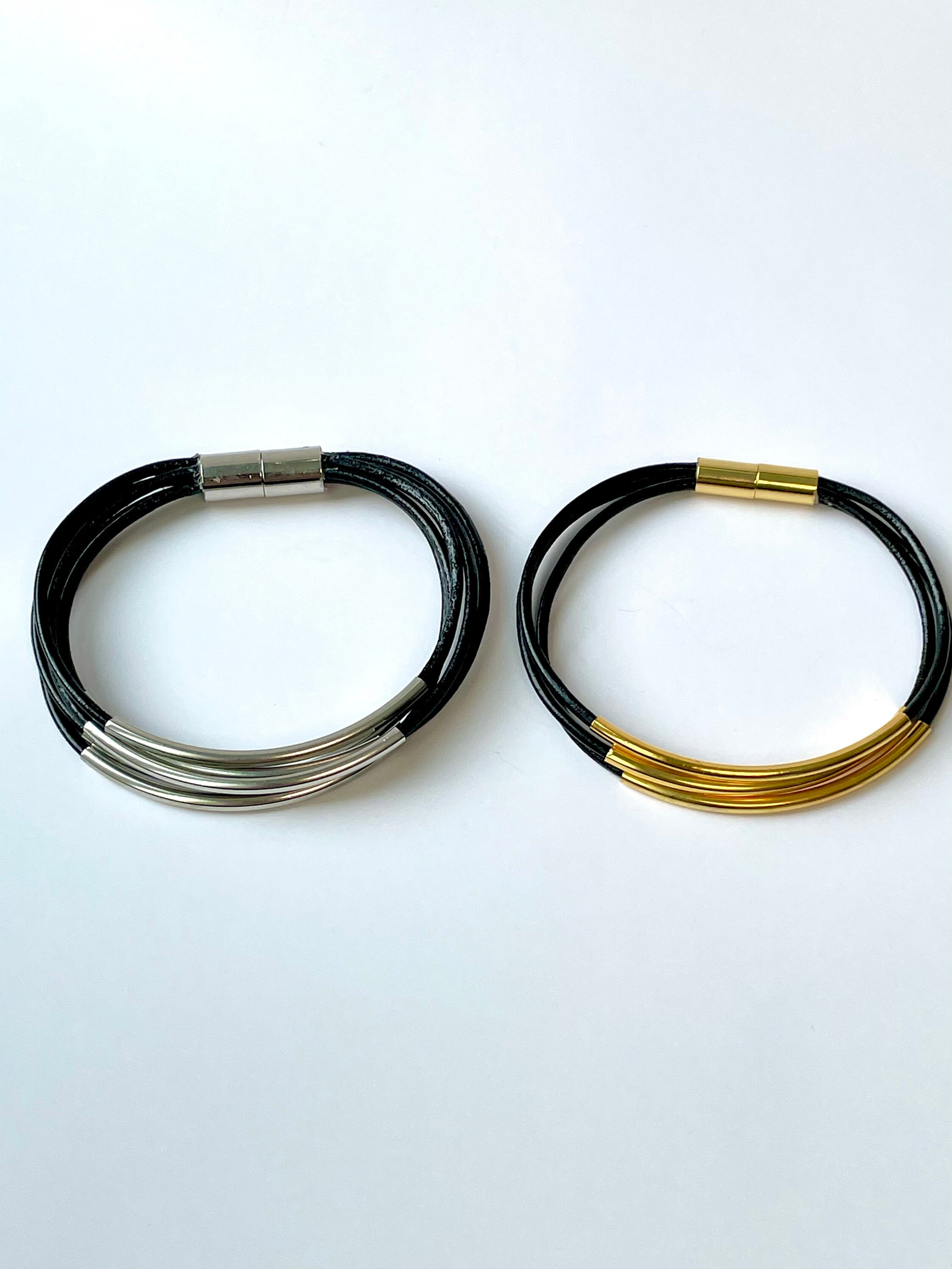 Multi-strand Black Thin Leather Bangle Bracelet With Gold or