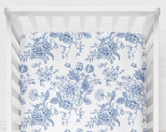 Floral Crib Sheet Light Blue Floral Baby Bedding Set Preppy Nursery Pastel Blue and White Crib Sheet Fitted Sheets Classic Floral Nursery