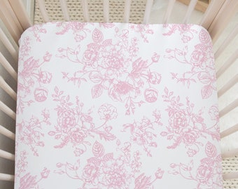 Pink Toile Crib Sheet Pink Floral Crib Sheet Girls Baby Bedding Set Vintage Floral Crib Sheet Fitted Traditional Classic Floral Nursery