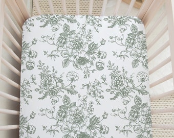 Sage Green Toile Crib Sheet Green Floral Crib Sheet Girls Baby Bedding Vintage Floral Crib Sheet Fitted Traditional Classic Floral Nursery