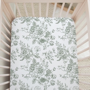 Sage Green Toile Crib Sheet Green Floral Crib Sheet Girls Baby Bedding Vintage Floral Crib Sheet Fitted Traditional Classic Floral Nursery
