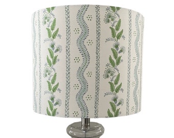 Blue Floral Lampshade Danika Herrick Fabric in Emma Stripe Green Vines Blue Drum Shade Custom Lampshade Traditional Home Decor | Made in USA