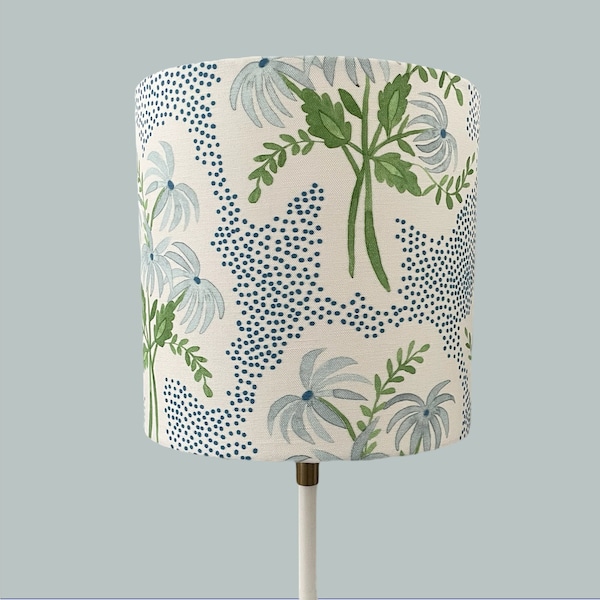 Blue Floral Lampshade Danika Herrick Fabric in Emma Stripe Green Vines Blue Drum Shade Custom Lampshade Traditional Home Decor | Made in USA