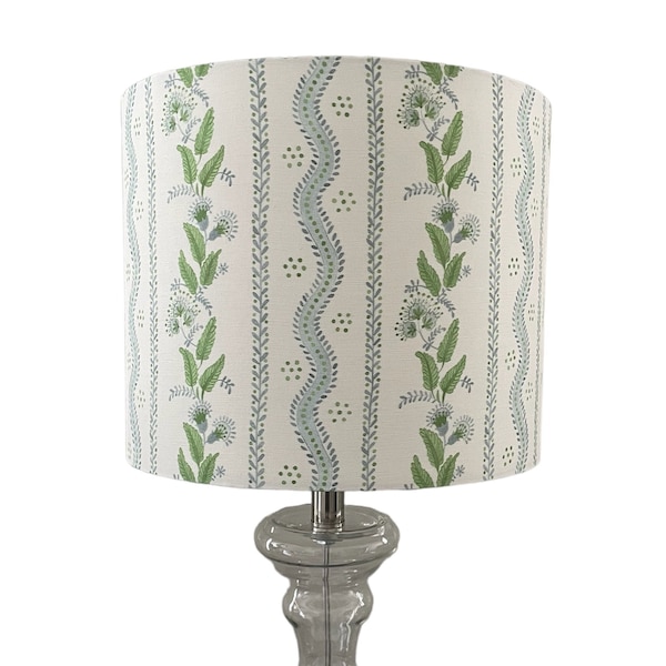 Blue Floral Lampshade Danika Herrick Fabric in Emma Stripe Green Vines Blue Drum Shade Custom Lampshade Traditional Home Decor | Made in USA