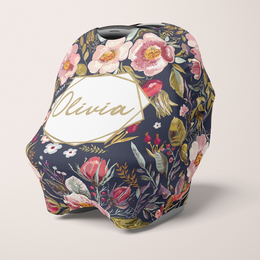 Personalized Car Seat Canopy Girl Navy Blue Floral Car Seat Etsy