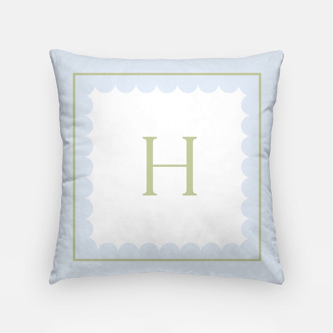 Monogram Pillow Blue Green Initial Pillow Cover | Vegan Down Pillow Insert | Blue and White Traditional Decor | Nursery Room Name Pillow