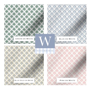 May include: Four fabric swatches with repeating floral patterns in green, blue, blue-gold, and pink. Each pattern is set against a white or beige background. The text "GREEN ON WHITE", "BLUE ON WHITE", "BLUE GOLD ON BEIGE", and "PINK ON WHITE" are displayed. The Winterborne logo is in the center.