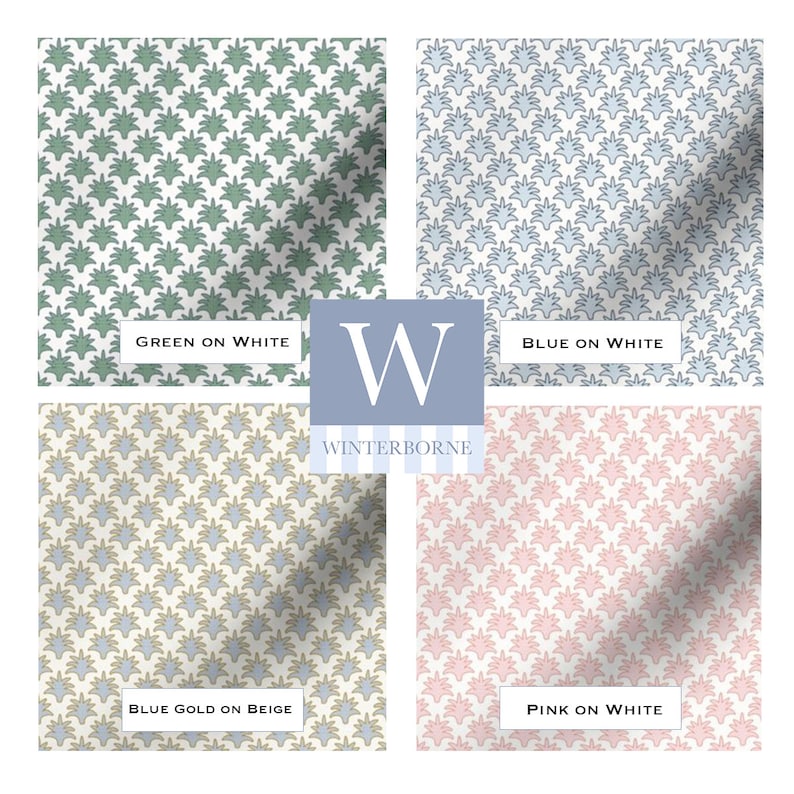 May include: Four fabric swatches with repeating floral patterns in green, blue, blue-gold, and pink. Each pattern is set against a white or beige background. The text "GREEN ON WHITE", "BLUE ON WHITE", "BLUE GOLD ON BEIGE", and "PINK ON WHITE" are displayed. The Winterborne logo is in the center.