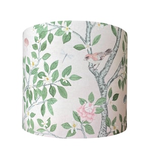 Chinoiserie Lampshade Floral Drum Shade Pink Floral Lamp Shade Custom Lampshades | Birds and Florals Grandmillenial Home Decor | Made in USA