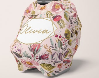 Baby Car Seat Cover Personalized Car Seat Canopy Girl Blush Pink Floral Car Seat Cover Girl Baby Name Car Seat Cover Personalized Carseat