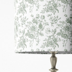 May include: A white lampshade with a green floral pattern. The lampshade is on a silver lamp base.
