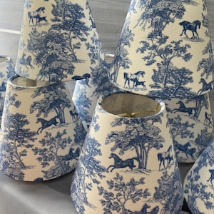 Equestrian Decor Sconce Shade Toile Blue Lamp Shade for Chandelier Clip on Shade, Horse Patterned Lampshade Blue and White Traditional Decor