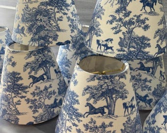 Equestrian Decor Sconce Shade Toile Blue Lamp Shade for Chandelier Clip on Shade, Horse Patterned Lampshade Blue and White Traditional Decor