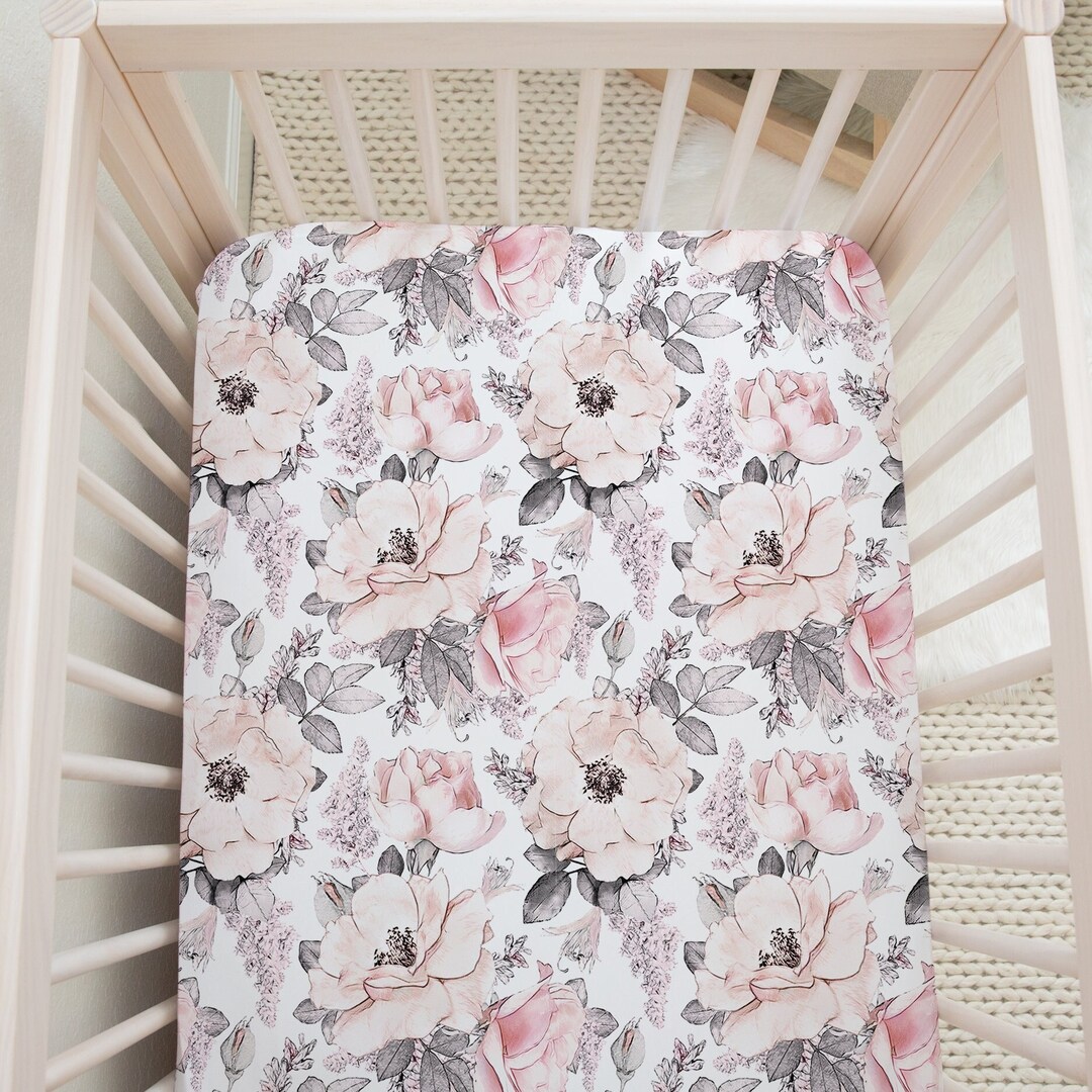 Blush Pink Floral Crib Sheet Girls Gray Crib Sheet Matching Baby