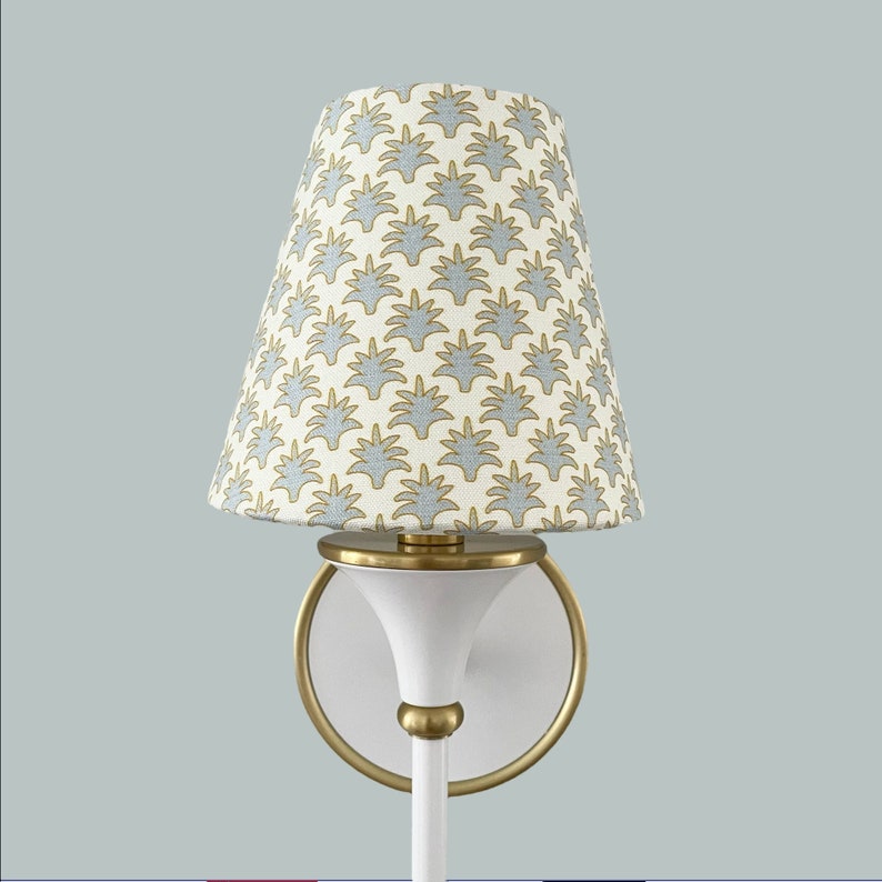 Blue and Gold Sconce clip shade and chandelier shade in Danika Herrick fabric in Whitney. Blue and White Custom Lampshade for Traditional Home Decor.
