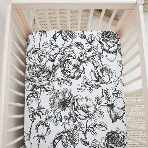 Black and White Floral Crib Sheet Girls Baby Bedding Set Blush Etsy