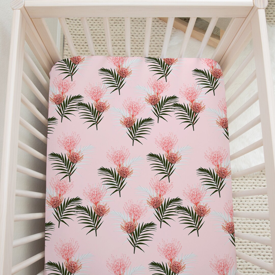 Pink Tropical Floral Crib Sheet Girls Palm Tree Crib Bedding Etsy