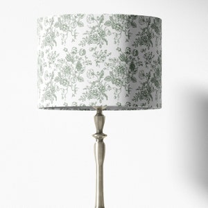 May include: A white lampshade with a green floral pattern. The lampshade is on a silver lamp base.
