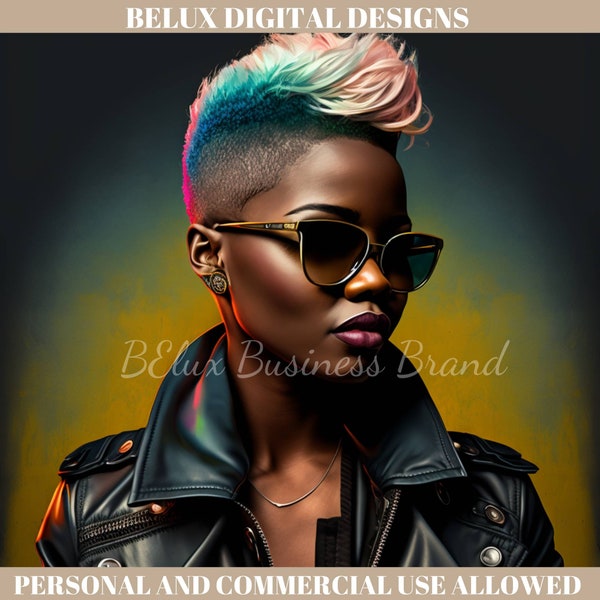 Black Woman With Mohawk Digital Art, Black Girl Mohawk, Black Girl Clipart, Journal Cover, Planner Cover, Black Wall Art, Sublimation Design