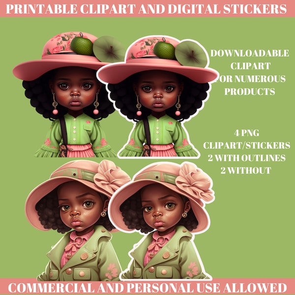 Black Girls In Pink And Green Clipart, Black History Month Images, Sorority, Black Girl Stickers, Sublimation, African American Stickers