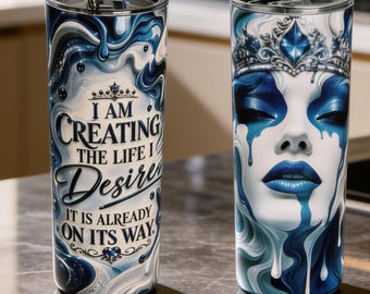 Blue Queen Affirmation Tumbler | Manifestation Cup with Crystal Crown, Royal Blue Design