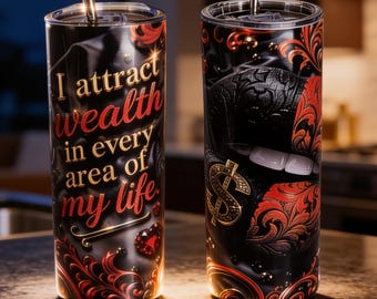 I Attract Wealth Tumbler | Red Black Gold Manifestation Cup with Straw