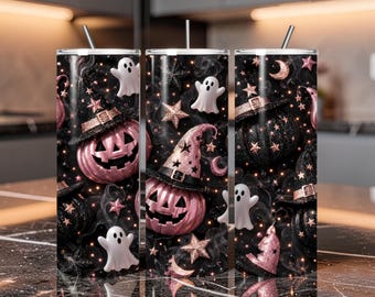 Pink Halloween Pumpkin Witch Tumbler Wrap | Spooky Ghost Sublimation Design (Digital Download)