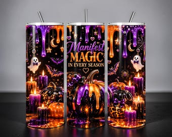 Manifest Magic Halloween Tumbler Wrap | Purple Orange Pumpkin Design (Digital Download)