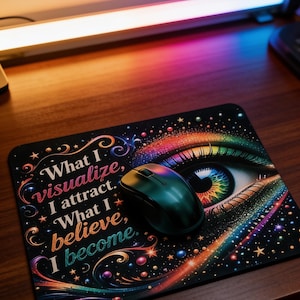 May include: A rectangular mouse pad featuring a vibrant, colorful eye graphic with a rainbow iris and a black background filled with stars and swirls. The text reads: What I visualize, I attract. What I believe, I become. A dark green computer mouse sits on top.