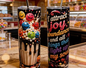 Joy & Abundance 20oz Skinny Tumbler | Colorful Dessert Affirmation Cup | Positive Energy Tumbler with Straw