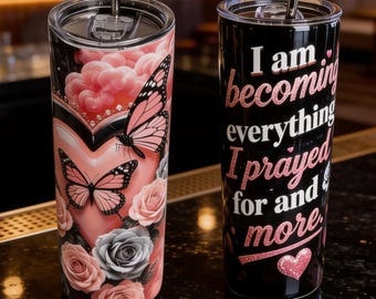 Pink Butterfly Tumbler | Affirmation Cup, Rose Heart Manifestation 20oz Skinny